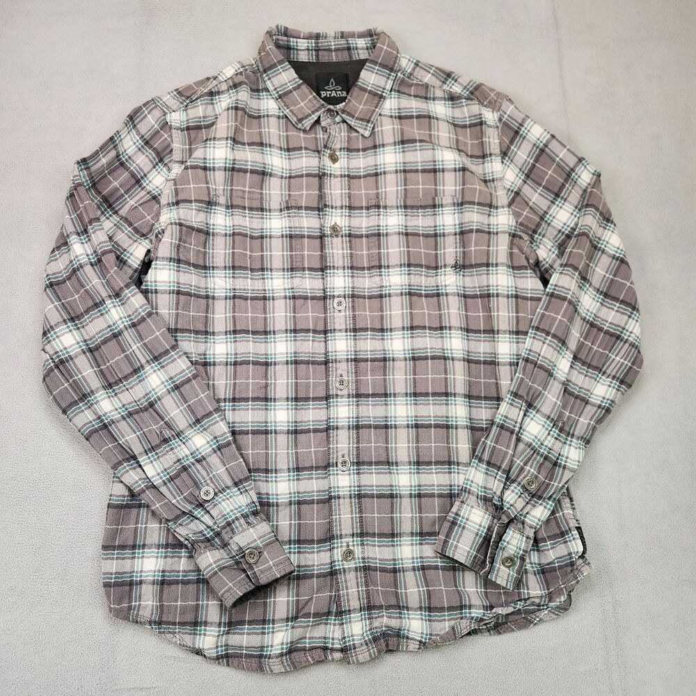 Prana Flannel Button Up Shirt Men's L Brown Plaid Long Sleeve Organic Cotton